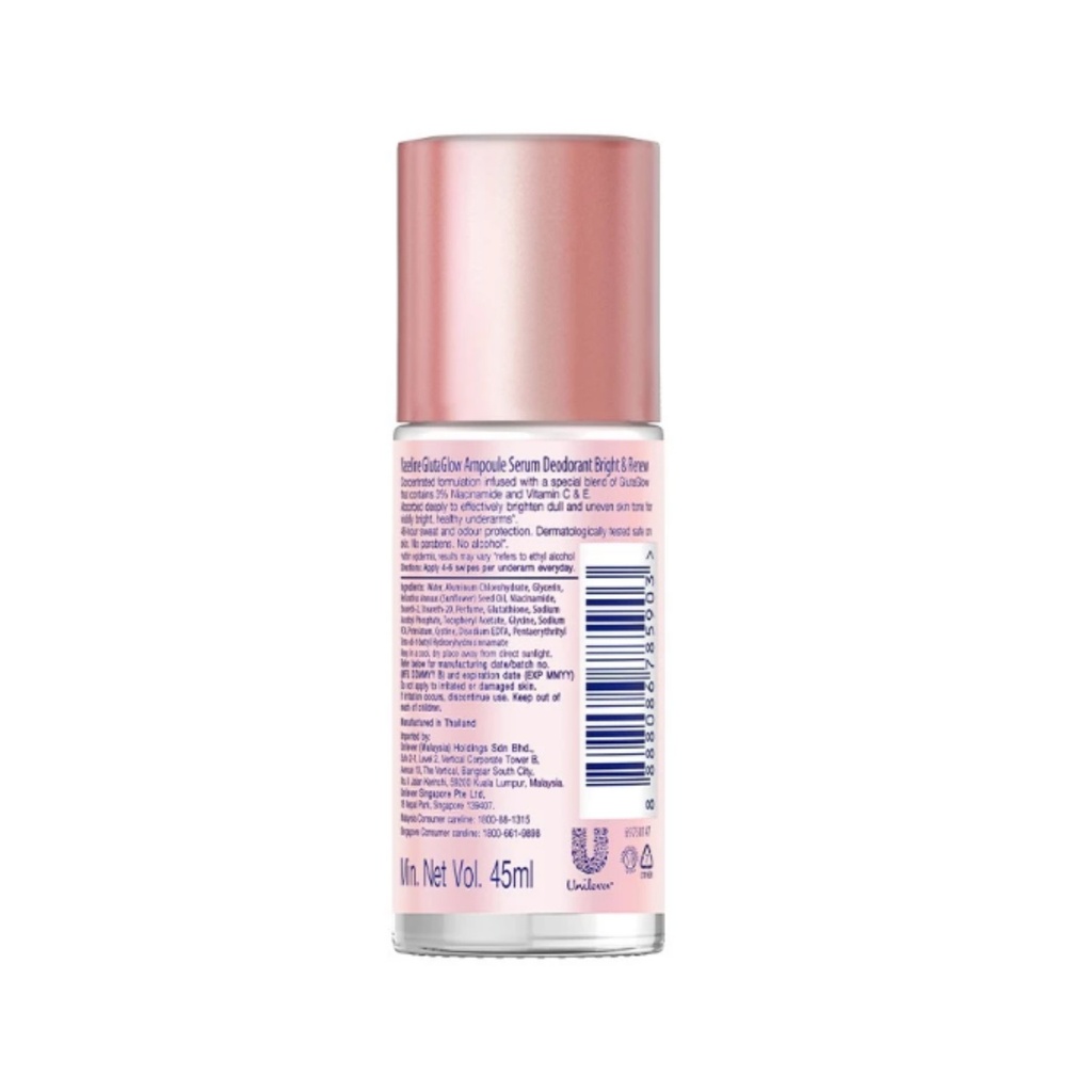 2X Vaseline Roll-on Serum GlutaGlow Ampoule Deodorant Bright & Smooth - 45ml