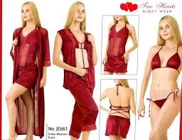 Two Hearts Night Wear Silky Mahroon 6pcs