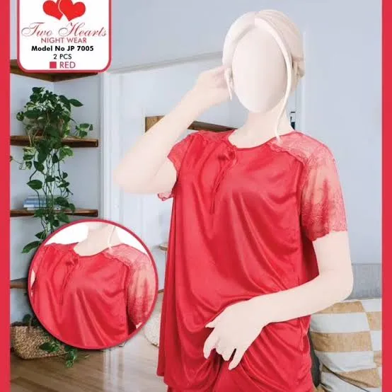 Two hearts Night Wear Silky Red 2pcs